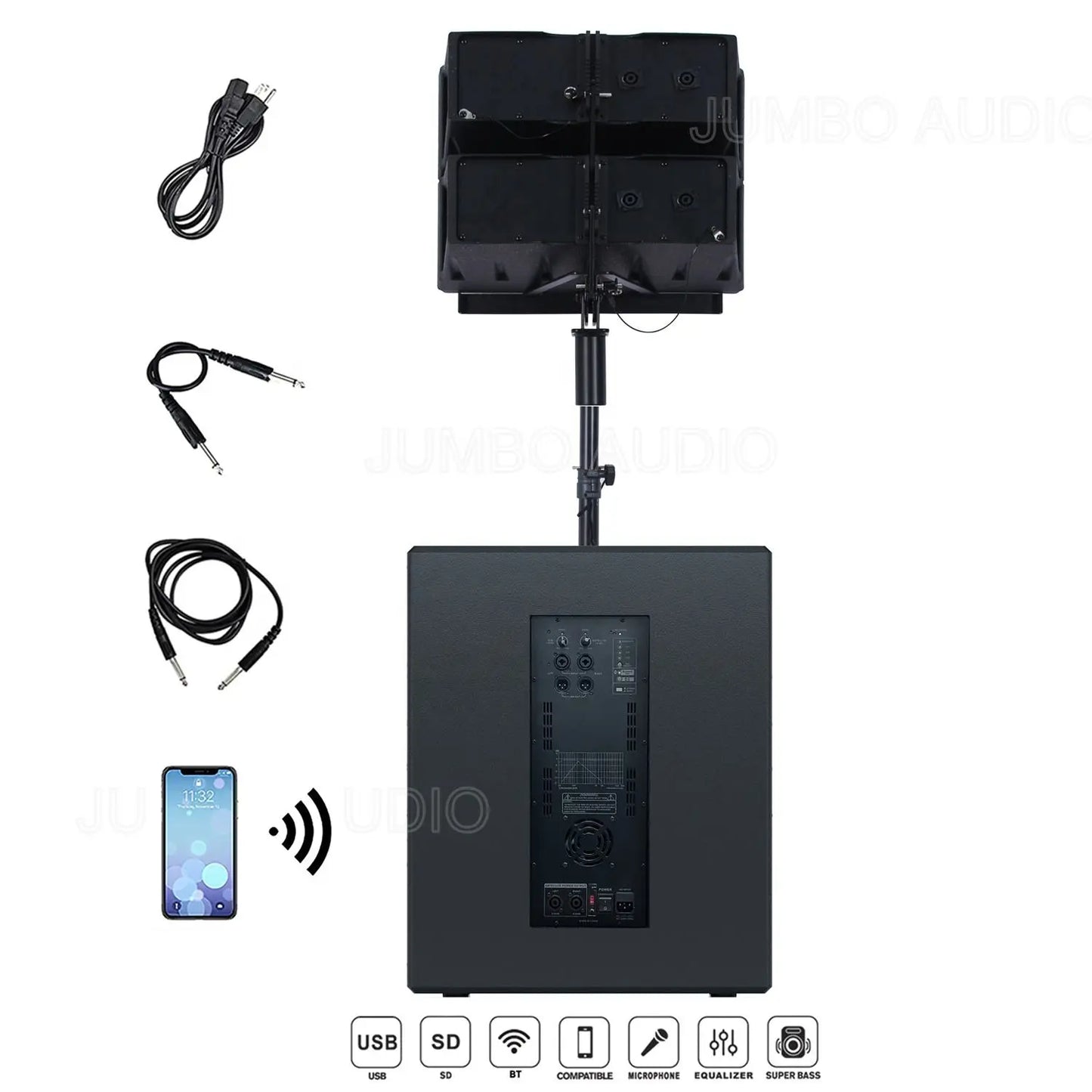 The back panel of a black portable PA system showcasing various input/output ports, control knobs, and a DSP monitor display, accompanied by accessories including a coiled audio cable, a remote control, and a power cable, with a smartphone indicating Bluetooth connectivity. Icons for USB, SD, BT, compatible microphone, equalizer, and super bass are shown at the bottom.