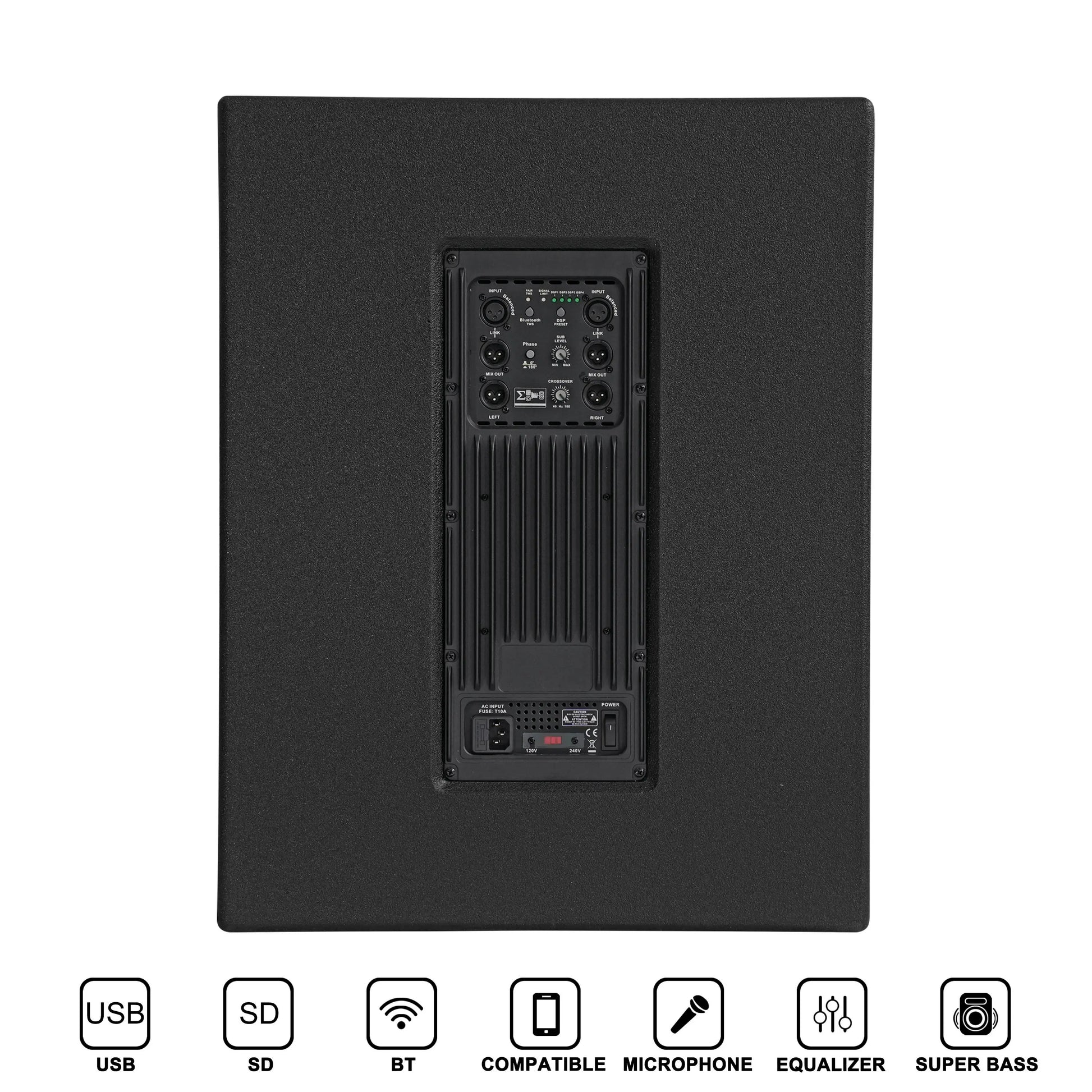 Rear view of a black speaker cabinet showcasing a central control panel with various input/output ports, control knobs, indicator lights, and a power switch, set against a textured black background.