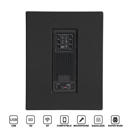 Rear view of a black speaker cabinet showcasing a central control panel with various input/output ports, control knobs, indicator lights, and a power switch, set against a textured black background.