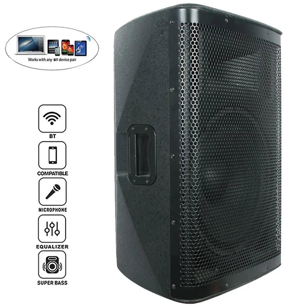 Front and side view of a black, rectangular active speaker cabinet with a hexagonal mesh grille. A prominent carry handle is visible on the side. The image also includes icons highlighting features such as Bluetooth connectivity, microphone input, equalizer, and super bass