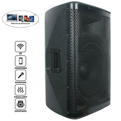 Front and side view of a black, rectangular active speaker cabinet with a hexagonal mesh grille. A prominent carry handle is visible on the side. The image also includes icons highlighting features such as Bluetooth connectivity, microphone input, equalizer, and super bass