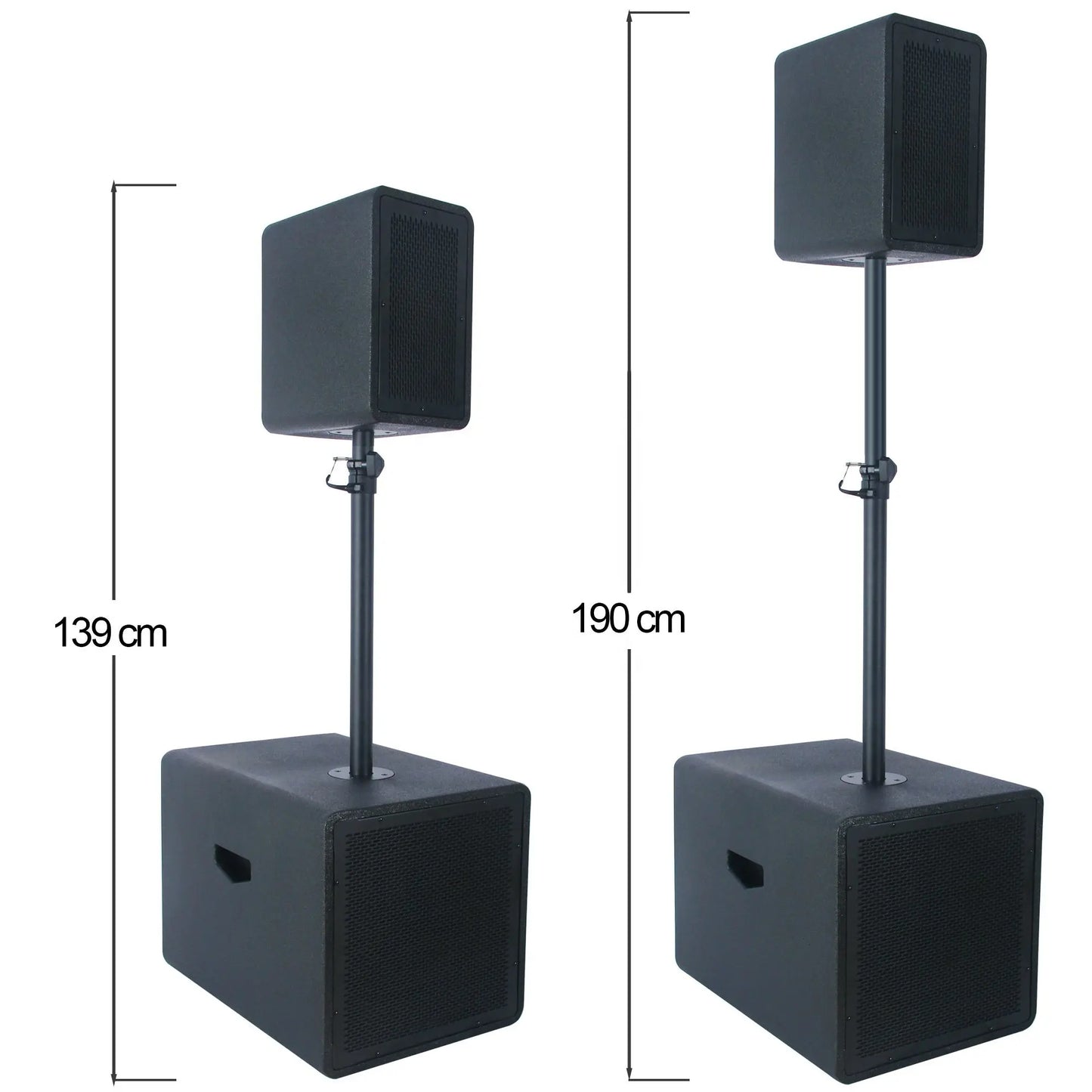Two black portable PA systems, each with a subwoofer base and a pole-mounted speaker, displayed side by side with height measurements indicating 139 cm and 190 cm respectively.