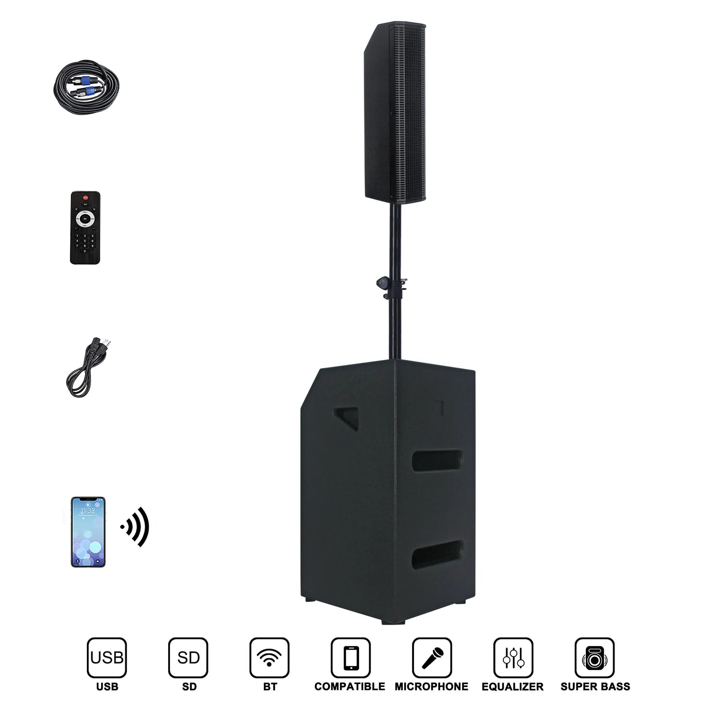 A black portable PA system featuring a rectangular subwoofer base with a vertical array speaker mounted on a stand, displayed alongside accessories including a coiled audio cable, a remote control, a power cable, and a smartphone indicating Bluetooth connectivity. Icons for USB, SD, BT, compatible microphone, equalizer, and super bass are shown at the bottom