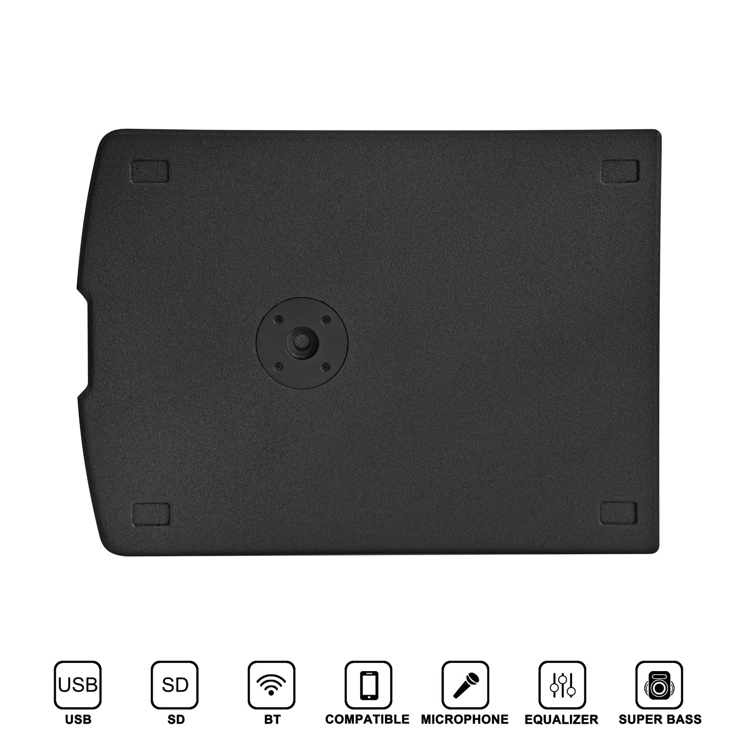 Top-down view of the bottom of a black rectangular speaker cabinet, featuring a central circular recessed handle for carrying or positioning, surrounded by four small rubberized feet at each corner.