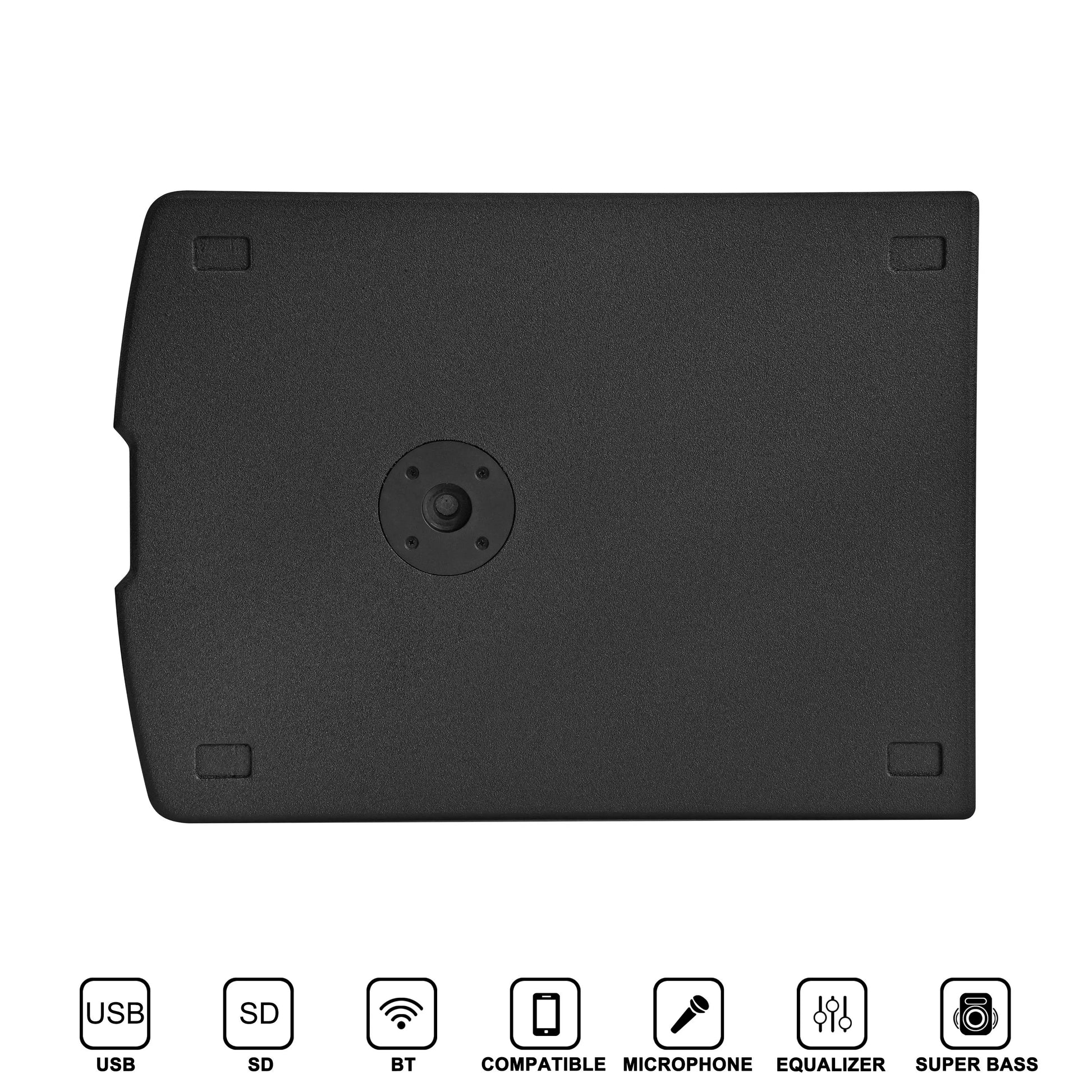 Top-down view of the bottom of a black rectangular speaker cabinet, featuring a central circular recessed handle for carrying or positioning, surrounded by four small rubberized feet at each corner.