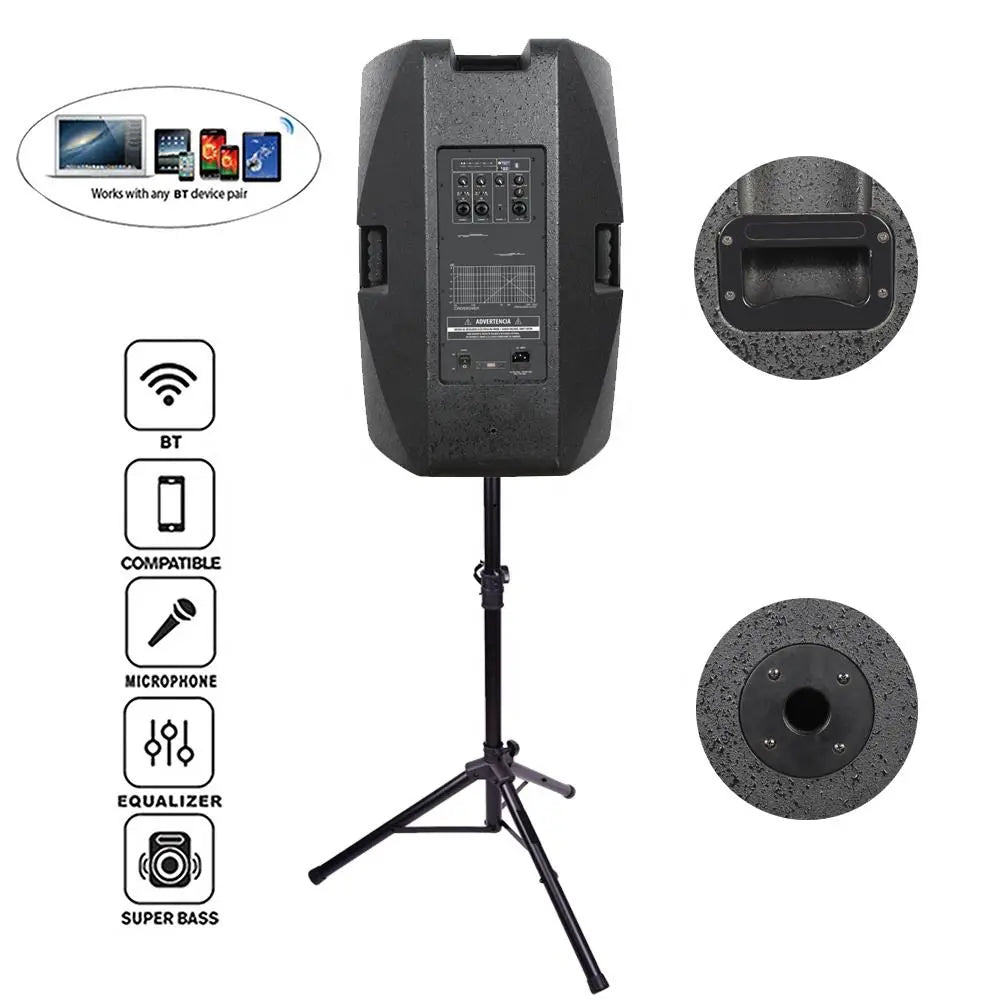 Rear view of a black powered speaker cabinet mounted on a tripod stand. The back panel displays various input/output ports, control knobs, and a handle at the top. Annotations highlight the carry handle and a bass port, with feature icons indicating Bluetooth, compatibility, microphone, equalizer, and super bass.