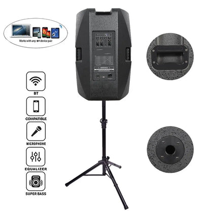 Rear view of a black powered speaker cabinet mounted on a tripod stand. The back panel displays various input/output ports, control knobs, and a handle at the top. Annotations highlight the carry handle and a bass port, with feature icons indicating Bluetooth, compatibility, microphone, equalizer, and super bass.