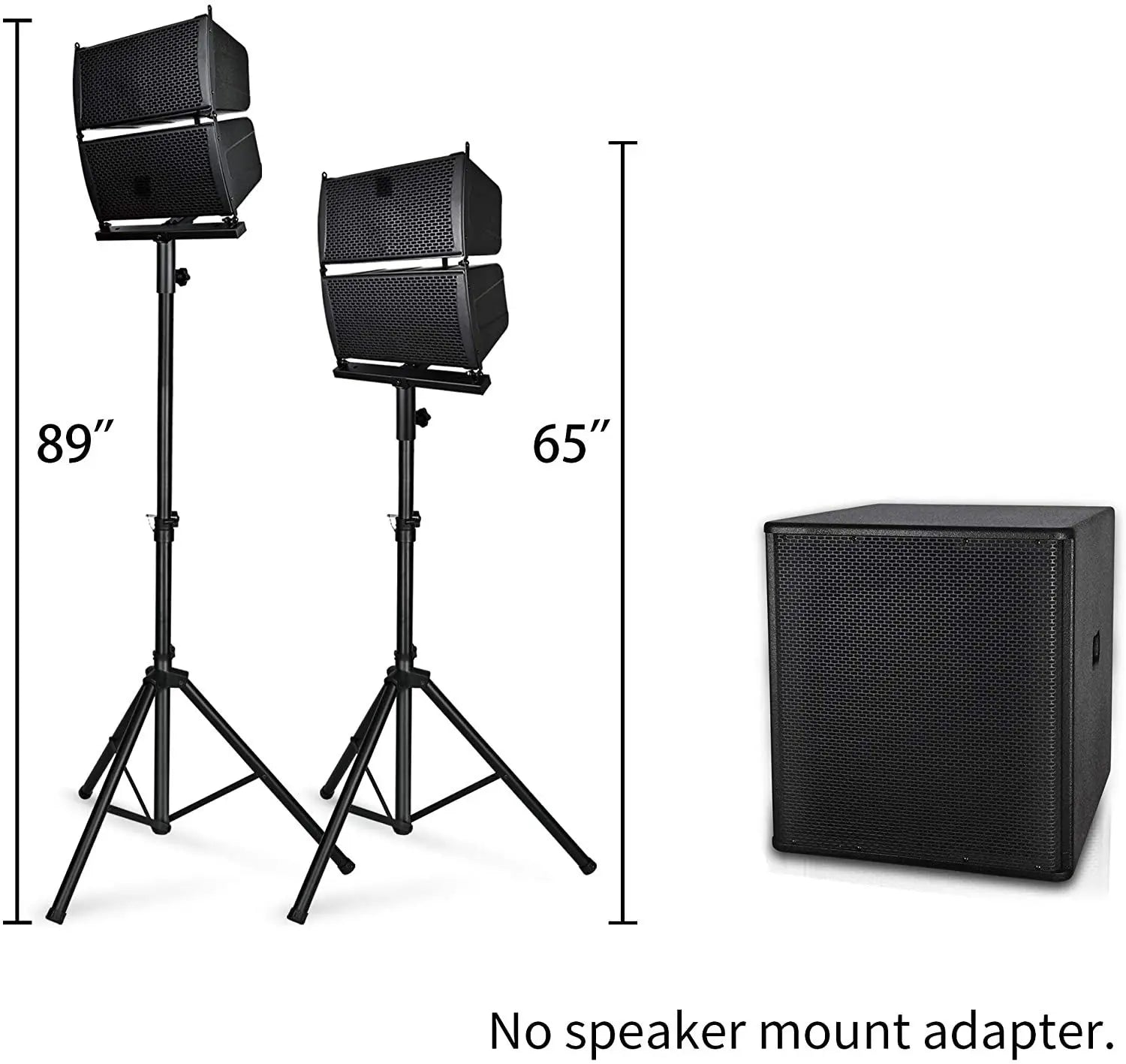 Product display showing two black speakers mounted on tripod stands with adjustable height measurements indicated as 89 inches and 65 inches, alongside a separate standalone black subwoofer on the right.
