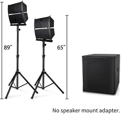 Product display showing two black speakers mounted on tripod stands with adjustable height measurements indicated as 89 inches and 65 inches, alongside a separate standalone black subwoofer on the right.