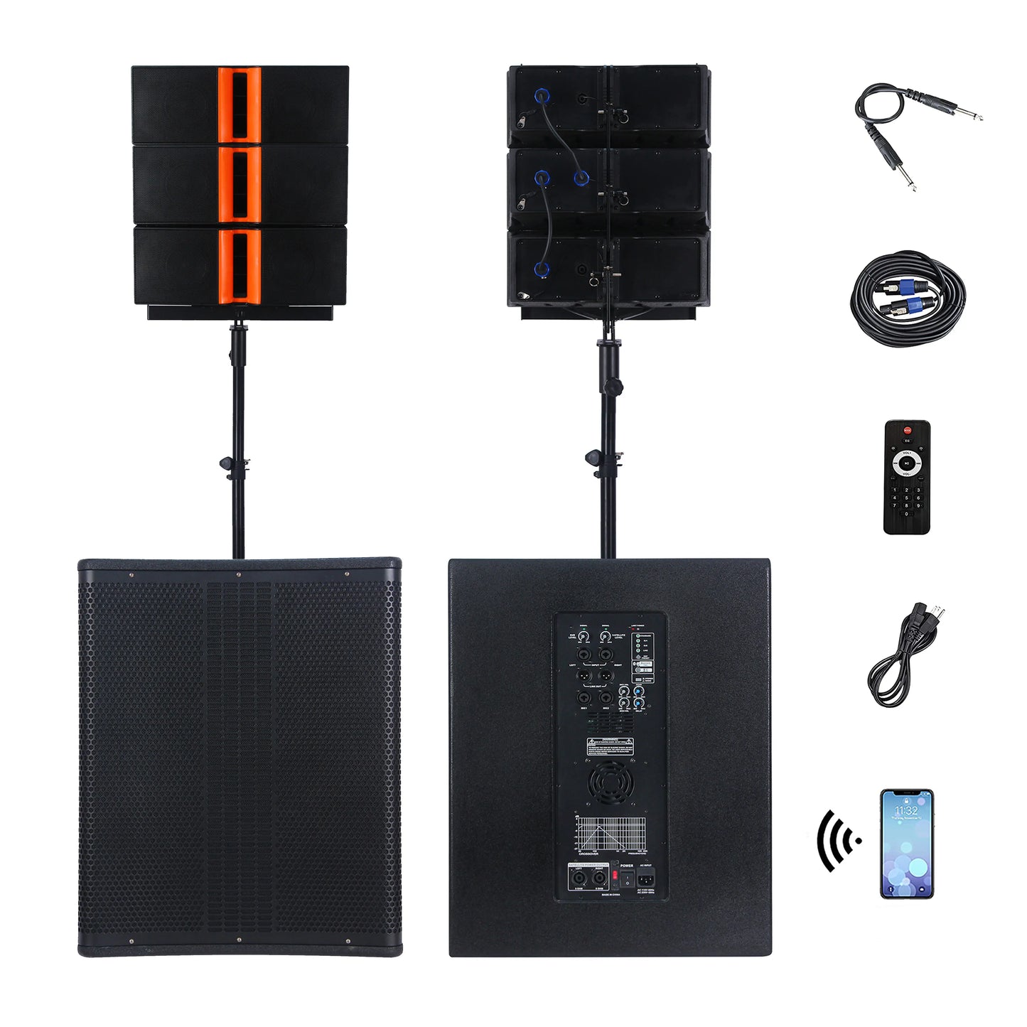 A comprehensive black portable PA system displayed from multiple angles, featuring a large rectangular subwoofer base with a dual rectangular array speaker mounted on a stand, alongside separate illustrations of the front grille, back panel controls, and included accessories such as audio cables, a remote control, a USB cable, and a smartphone indicating Bluetooth connectivity, with functional icons for USB, SD, BT, compatible microphone, equalizer, and super bass at the bottom.