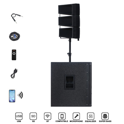 A black portable PA system featuring a large rectangular subwoofer base with a dual rectangular array speaker mounted on a stand, displayed alongside accessories including a power cable, two audio cables, and a remote control, with a smartphone indicating Bluetooth connectivity. Functional icons for USB, SD, BT, compatible microphone, equalizer, and super bass are shown at the bottom.