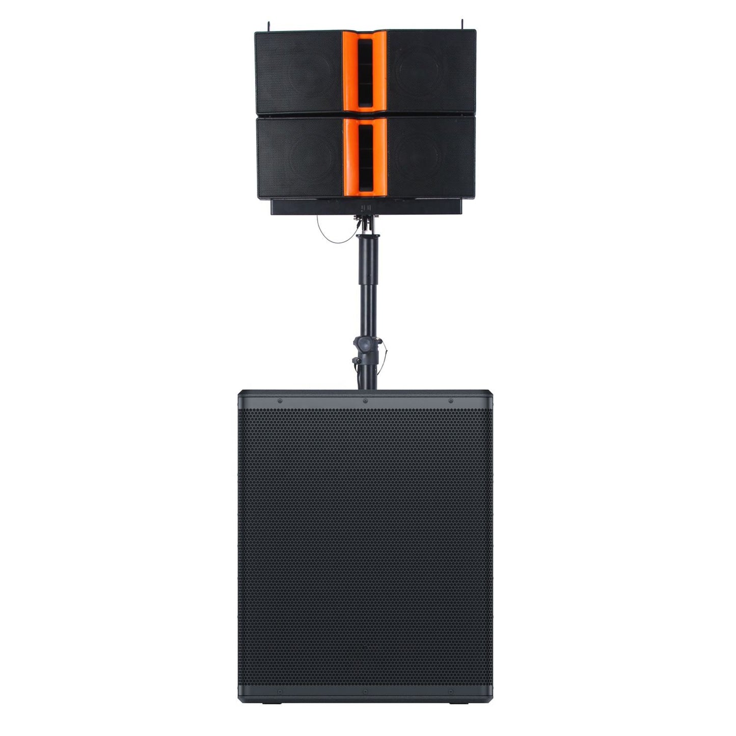 Front view of a professional PA speaker system featuring a large black subwoofer at the bottom and two stacked satellite speakers mounted above it on a pole. The satellite speakers have a black finish with distinctive orange vertical accents and built-in handles.