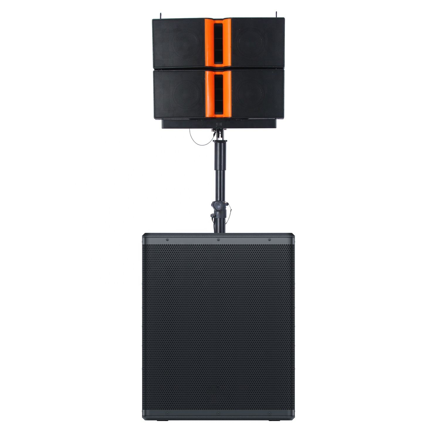 Front view of a professional PA speaker system featuring a large black subwoofer at the bottom and two stacked satellite speakers mounted above it on a pole. The satellite speakers have a black finish with distinctive orange vertical accents and built-in handles.