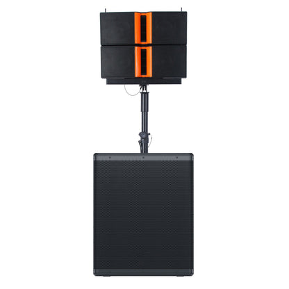 Front view of a professional PA speaker system featuring a large black subwoofer at the bottom and two stacked satellite speakers mounted above it on a pole. The satellite speakers have a black finish with distinctive orange vertical accents and built-in handles.