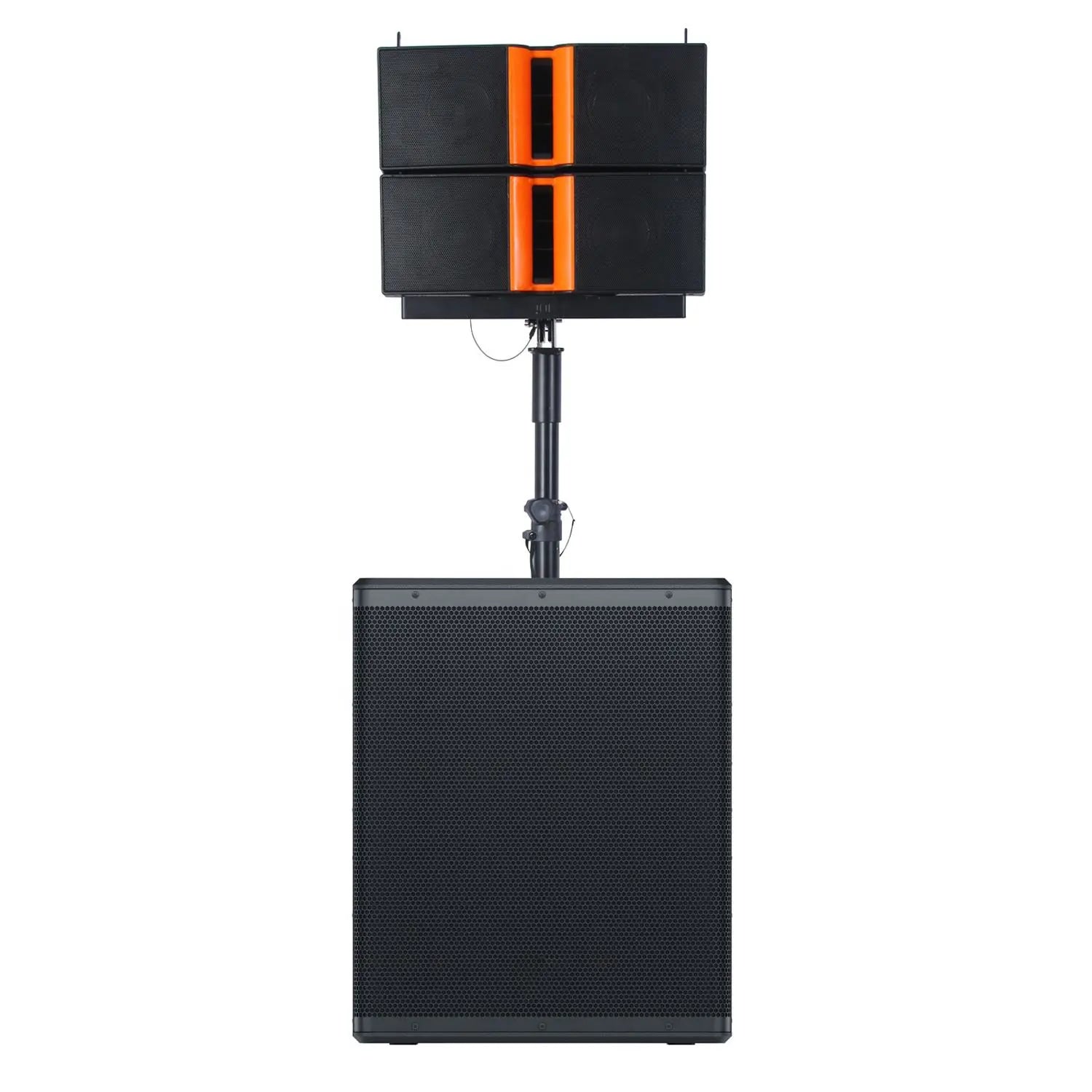 A black portable PA system consisting of a large rectangular subwoofer base topped with a dual rectangular array speaker mounted on a central pole stand, featuring orange accents on the upper speaker cabinet