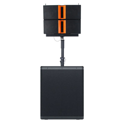 A black portable PA system consisting of a large rectangular subwoofer base topped with a dual rectangular array speaker mounted on a central pole stand, featuring orange accents on the upper speaker cabinet
