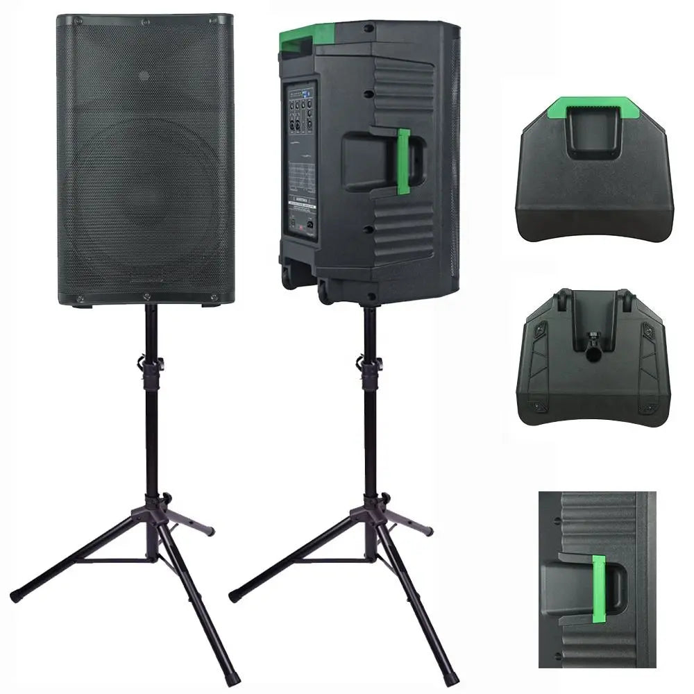 Product display featuring two angles of a black speaker cabinet with green accents on stands, alongside three circular insets showcasing close-ups of the top handle, rear pole mount, and side handle.