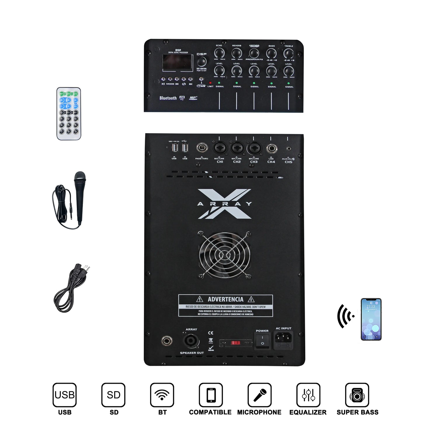 An all-in-one professional PA system featuring a large main speaker with a control panel, a remote control, a handheld microphone, a power cable, and icons indicating USB, SD, Bluetooth, microphone compatibility, equalizer, and super bass capabilities.