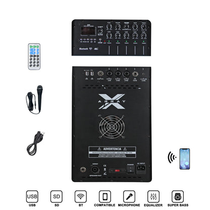 An all-in-one professional PA system featuring a large main speaker with a control panel, a remote control, a handheld microphone, a power cable, and icons indicating USB, SD, Bluetooth, microphone compatibility, equalizer, and super bass capabilities.