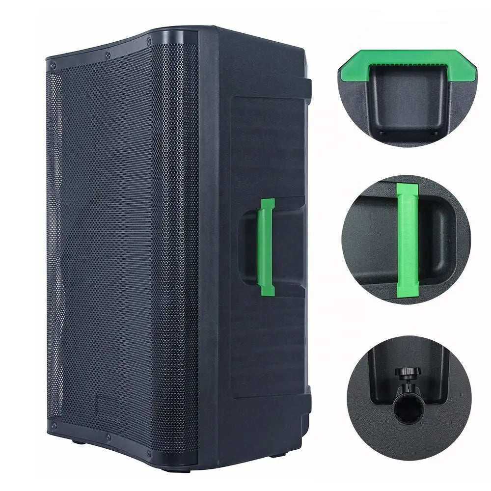 Main view of a black speaker cabinet with a mesh grille and green side handles, accompanied by three inset images showing close-ups of the top handle, side handle, and rear pole mount.