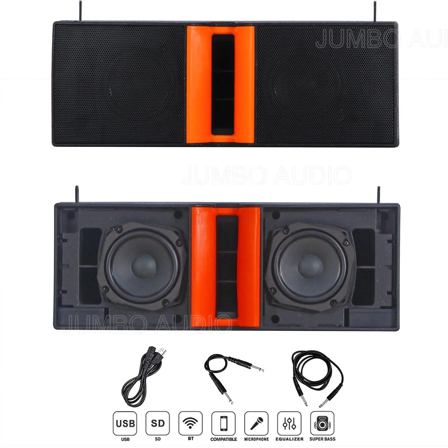 Top and bottom views of a rectangular portable speaker cabinet with an orange central strip and black mesh grille, displayed above its internal components showing two large drivers, with accessories including a power cable, two audio cables, and functional icons for USB, SD, BT, compatible microphone, equalizer, and super bass at the bottom.