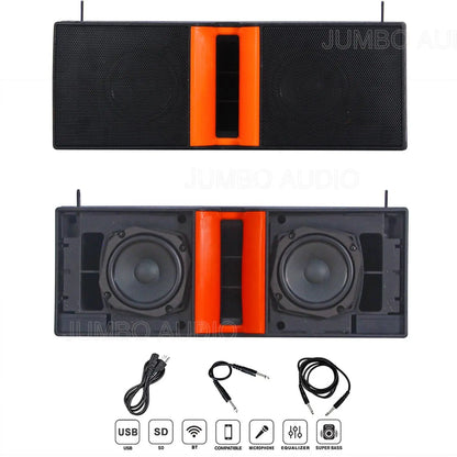 Top and bottom views of a rectangular portable speaker cabinet with an orange central strip and black mesh grille, displayed above its internal components showing two large drivers, with accessories including a power cable, two audio cables, and functional icons for USB, SD, BT, compatible microphone, equalizer, and super bass at the bottom.