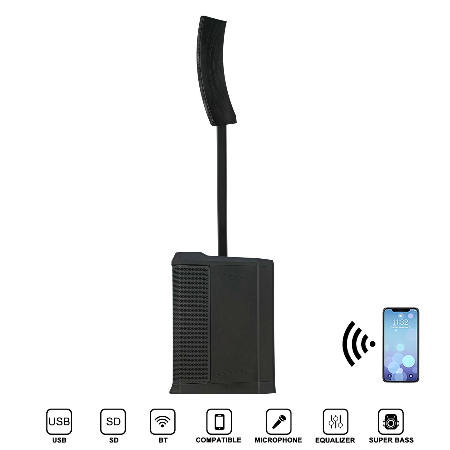 Professional Active Array Column Speaker PA System – 12" Subwoofer, DSP, Bluetooth TWS, Karaoke