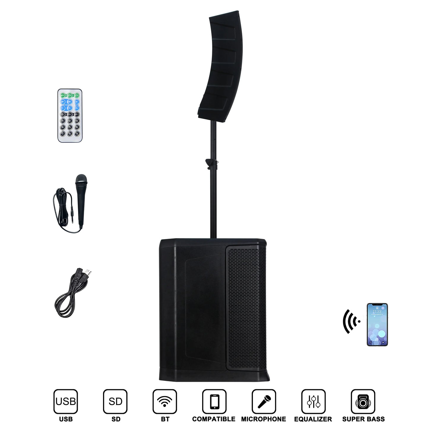 A portable PA system featuring a rectangular base speaker with a mounted vertical array tower speaker, accompanied by a remote control, handheld microphone, power cable, and icons indicating USB, SD, Bluetooth, microphone compatibility, equalizer, and super bass.