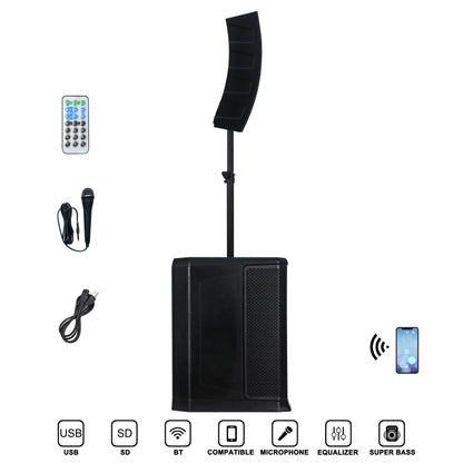 A portable PA system featuring a rectangular base speaker with a mounted vertical array tower speaker, accompanied by a remote control, handheld microphone, power cable, and icons indicating USB, SD, Bluetooth, microphone compatibility, equalizer, and super bass.