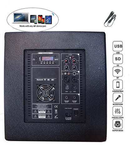 Back panel of a black audio speaker featuring various input controls including USB, SD card slot, Bluetooth pairing indicator, EQ settings, microphone jacks, and main power switch. Icons on the right highlight features such as USB, SD, Bluetooth compatibility, microphone support, equalizer, and super bass. A small inset image confirms compatibility with various Bluetooth devices like laptops, tablets, and smartphones.