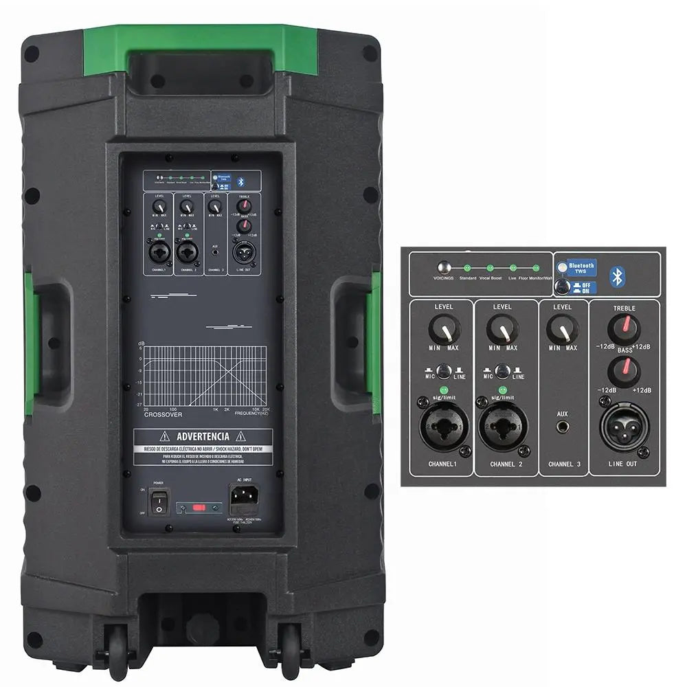 Rear view of a black speaker cabinet with green accents, displaying the full control panel with knobs, input/output ports, and a frequency response graph. To the right, an inset provides a detailed close-up of the 'DSP VOICINGS' section, highlighting level controls, EQ settings, and Bluetooth status.
