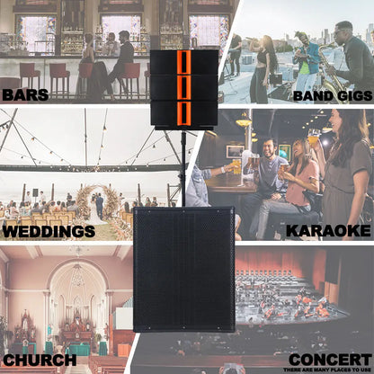 Product display collage of a black portable PA system featuring a large rectangular subwoofer base with a dual rectangular array speaker mounted on a stand, showcased across various usage scenarios including bars, band gigs, weddings, karaoke, church, and concert environments, with text captions indicating the different settings and a tagline 'THERE ARE MANY PLACES TO USE'.