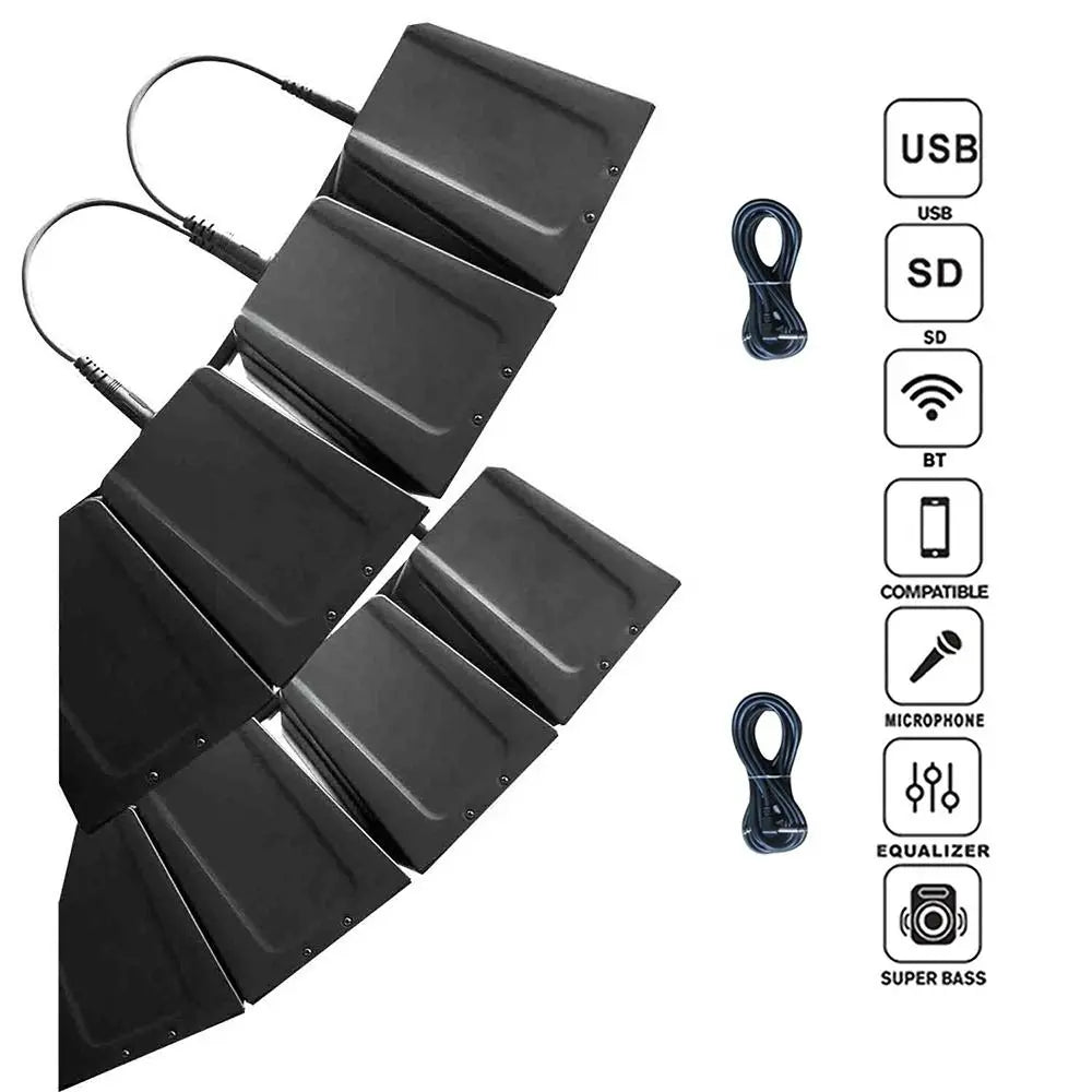 A set of four rectangular black passive speaker array modules connected in a zigzag configuration with cables, displayed alongside two coiled black cables and feature icons indicating USB, SD, BT, compatible, microphone, equalizer, and super bass.