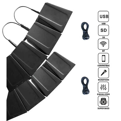 A set of four rectangular black passive speaker array modules connected in a zigzag configuration with cables, displayed alongside two coiled black cables and feature icons indicating USB, SD, BT, compatible, microphone, equalizer, and super bass.
