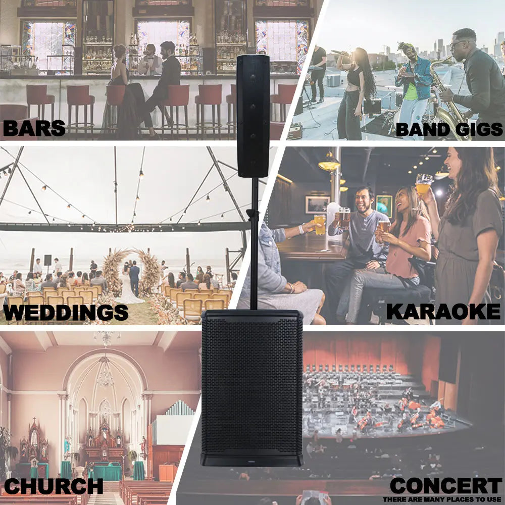 A tall, black columnar speaker mounted on a stand is centrally positioned against a collage background depicting various usage scenarios such as bars, band gigs, weddings, karaoke, church, and concerts