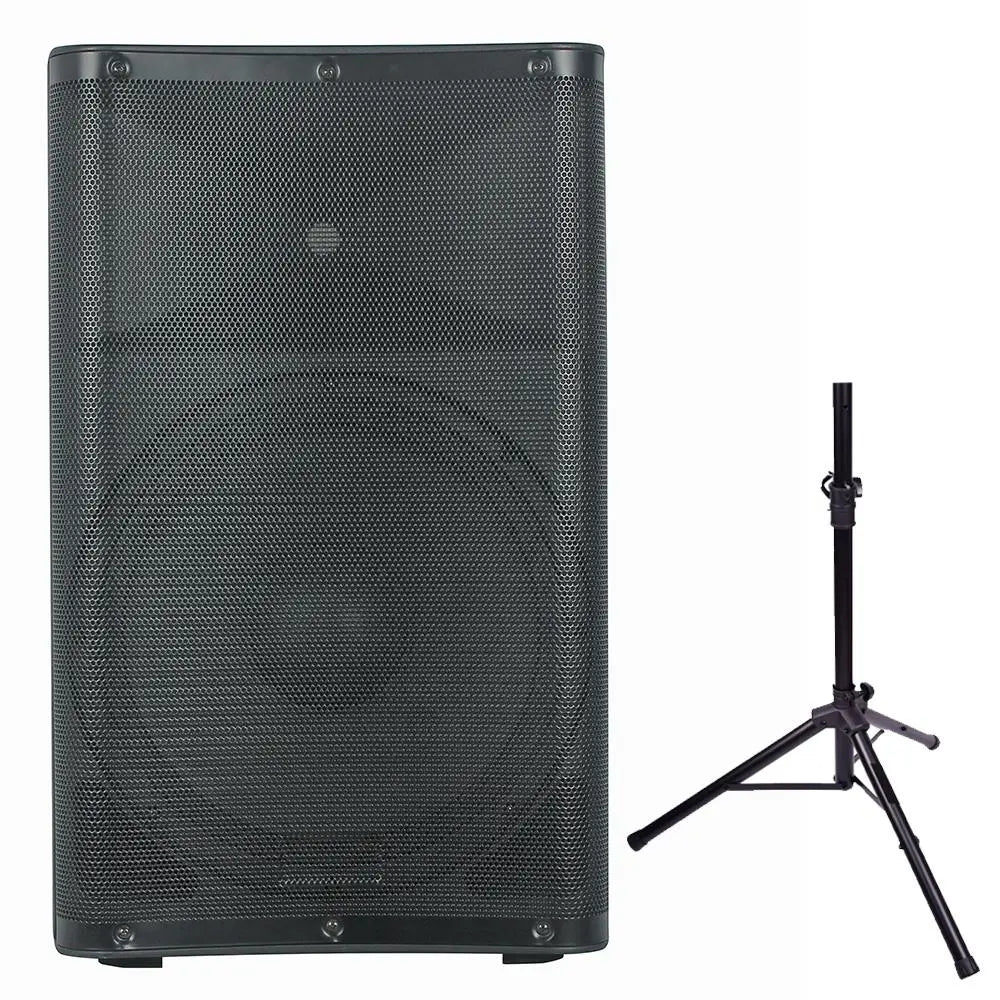 Front view of a large black speaker cabinet with a dense mesh grille, displayed alongside a separate black tripod speaker stand.