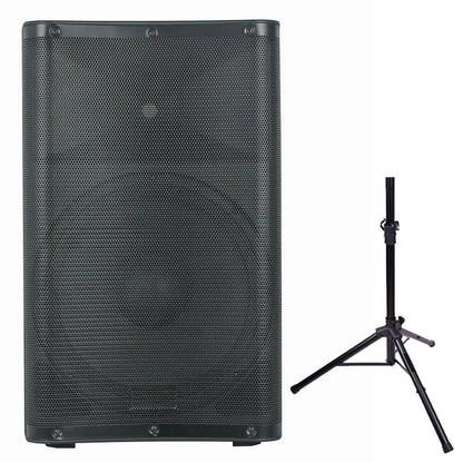 Front view of a large black speaker cabinet with a dense mesh grille, displayed alongside a separate black tripod speaker stand.