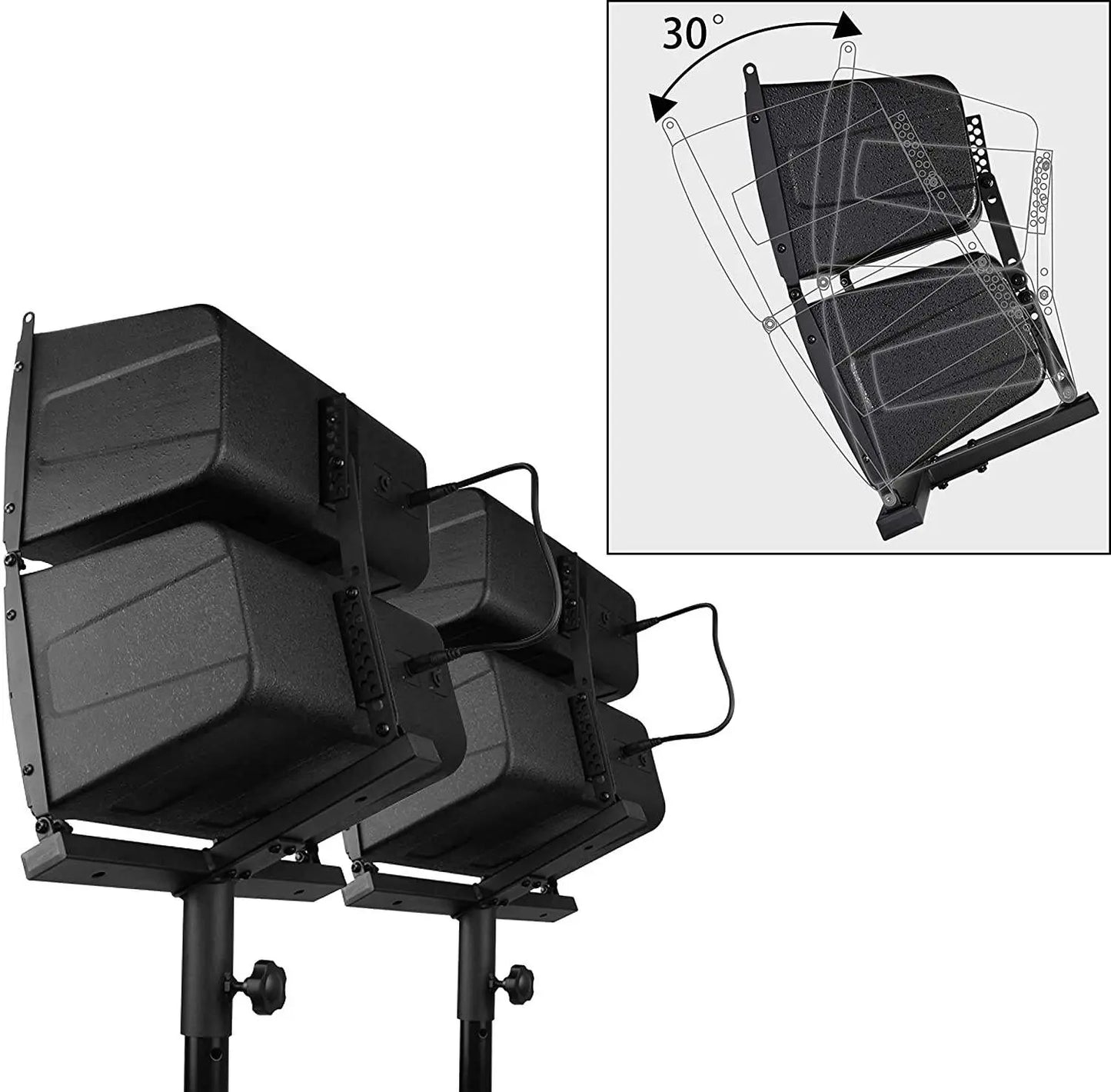 Two black array speaker cabinets mounted on stands, shown from a side angle. An inset diagram in the top right corner illustrates the vertical stacking capability with a 30-degree adjustment angle between the speakers