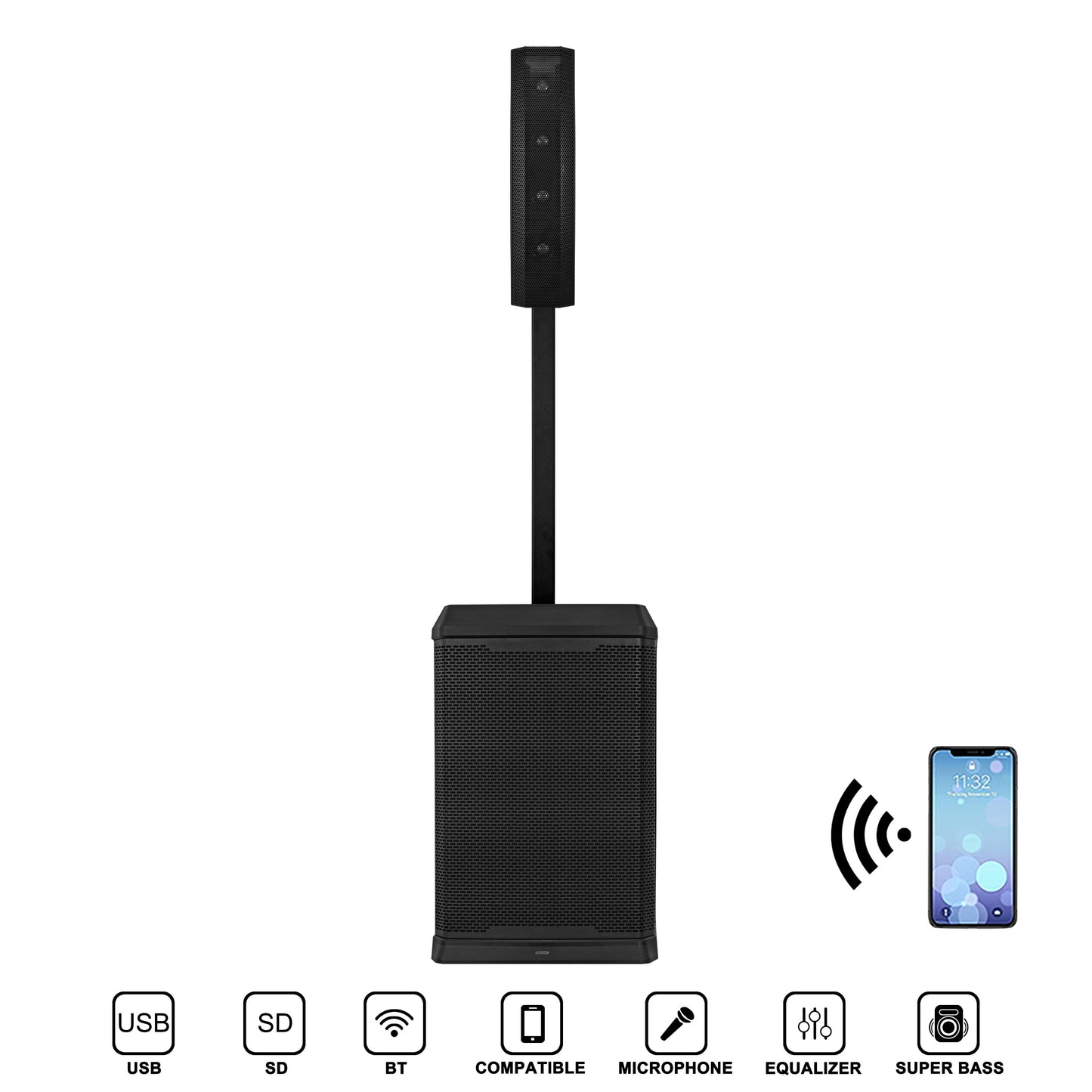 Professional Active Array Column Speaker PA System – 12" Subwoofer, DSP, Bluetooth TWS, Karaoke