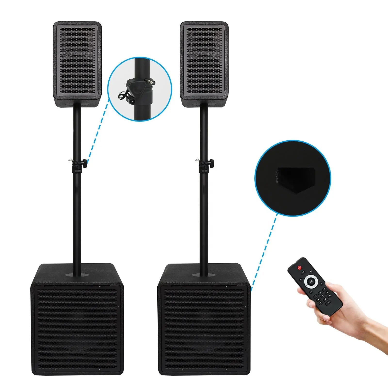 Two black portable PA speaker systems on stands, with a close-up inset showing the adjustable mounting bracket and another inset showing the top handle of the speaker, alongside a hand holding a remote control.