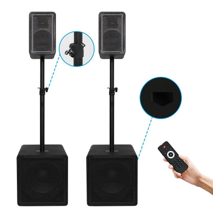 Two black portable PA speaker systems on stands, with a close-up inset showing the adjustable mounting bracket and another inset showing the top handle of the speaker, alongside a hand holding a remote control.
