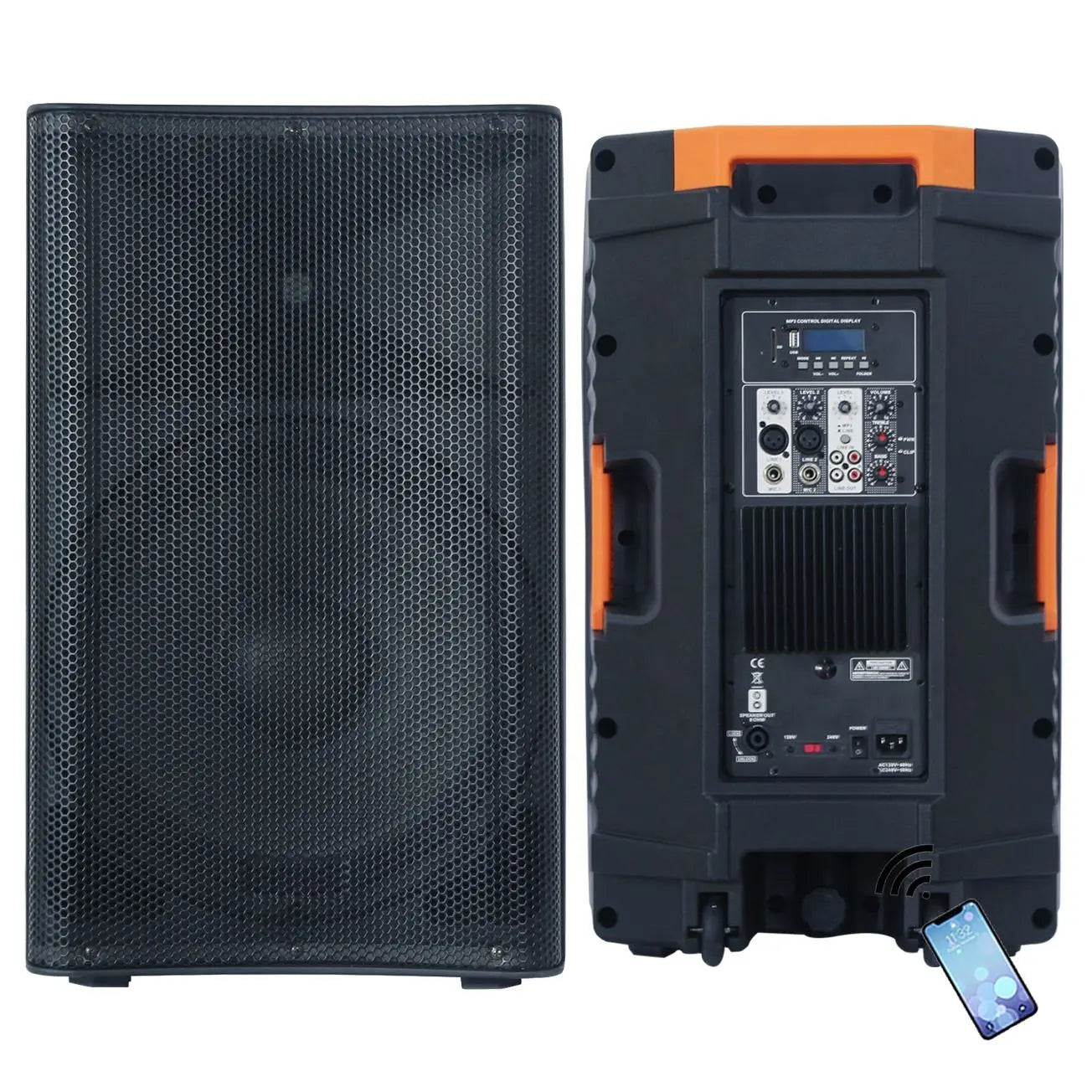 Split view of a portable speaker showing the front grill on the left and the back panel on the right, featuring control knobs, input/output ports, a digital display, and an illustration indicating Bluetooth connectivity with a smartphone.