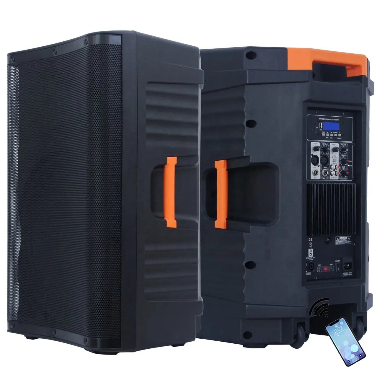 Portrait orientation view of a portable speaker system, displaying the side with orange handles and the back panel with control knobs, input/output ports, and a digital display. A smartphone icon with Bluetooth connectivity is shown at the bottom right