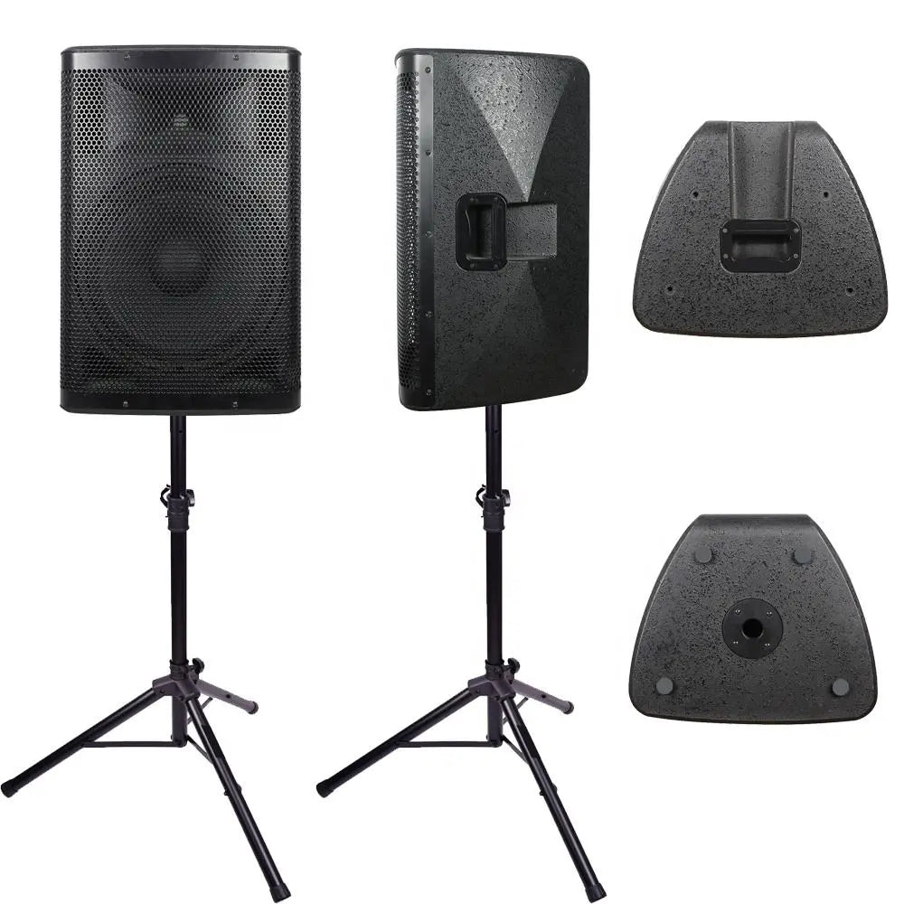 Multiple views of a black speaker cabinet mounted on a tripod stand. The images display the front grille, side profile, and back of the speaker, highlighting its carrying handle and connection ports.