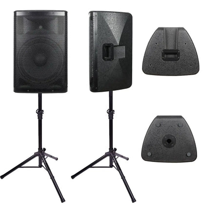 Multiple views of a black speaker cabinet mounted on a tripod stand. The images display the front grille, side profile, and back of the speaker, highlighting its carrying handle and connection ports.