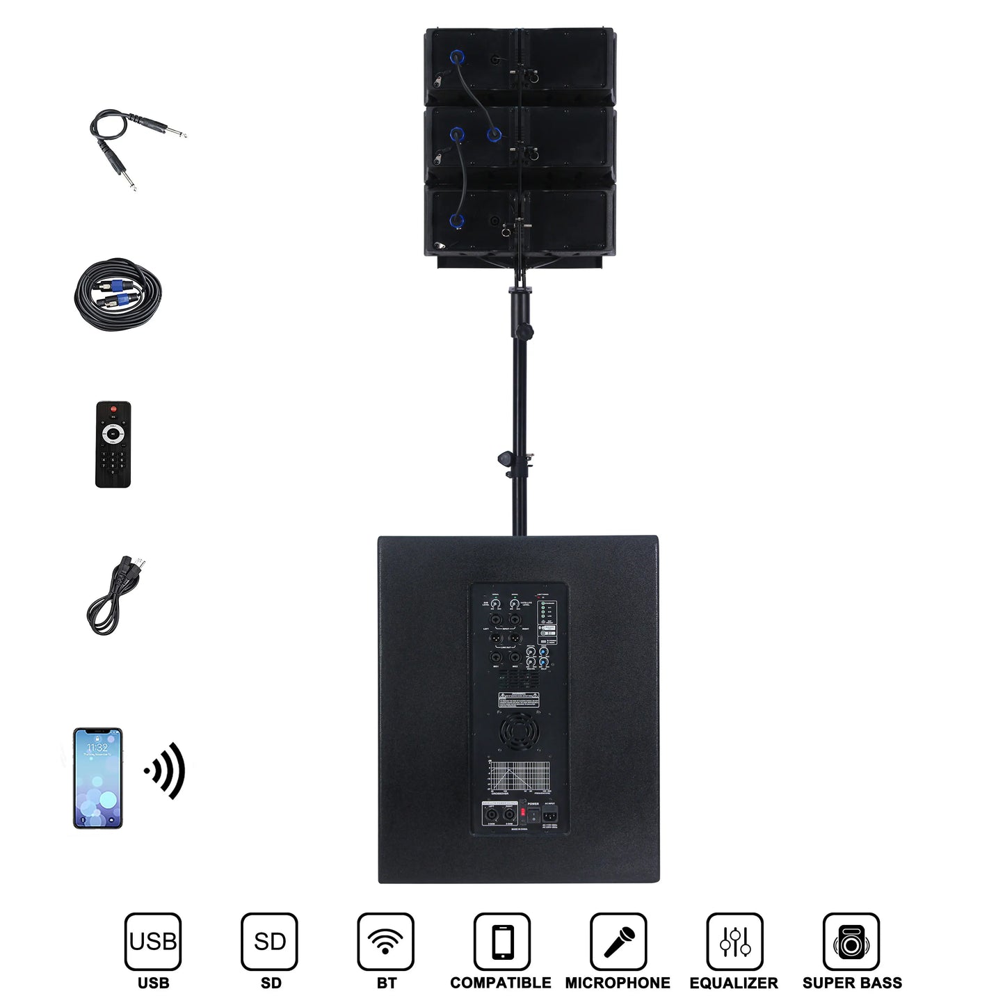 A complete black portable PA system featuring a large rectangular subwoofer base with a dual rectangular array speaker mounted on a stand, displayed alongside accessories including a power cable, two audio cables, and a remote control, with a smartphone indicating Bluetooth connectivity. Functional icons for USB, SD, BT, compatible microphone, equalizer, and super bass are shown at the bottom.