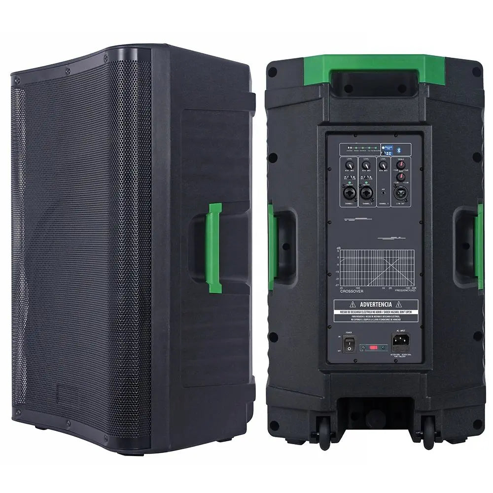 Left and right side views of a black speaker cabinet with green accents and handles. The right side shows the back panel with control knobs, input/output ports, and a frequency response graph.