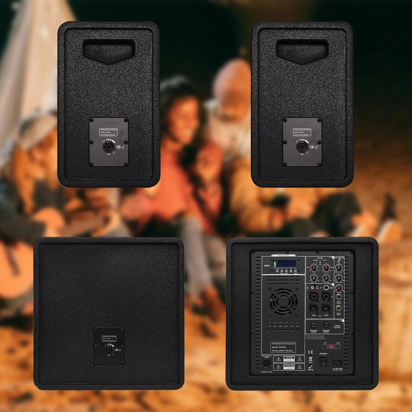 A collage showing four angles of a black portable speaker system, including the side with a carrying handle and volume knob, the back panel with various input controls and settings, and the front grille, set against a blurred background of a family sitting together
