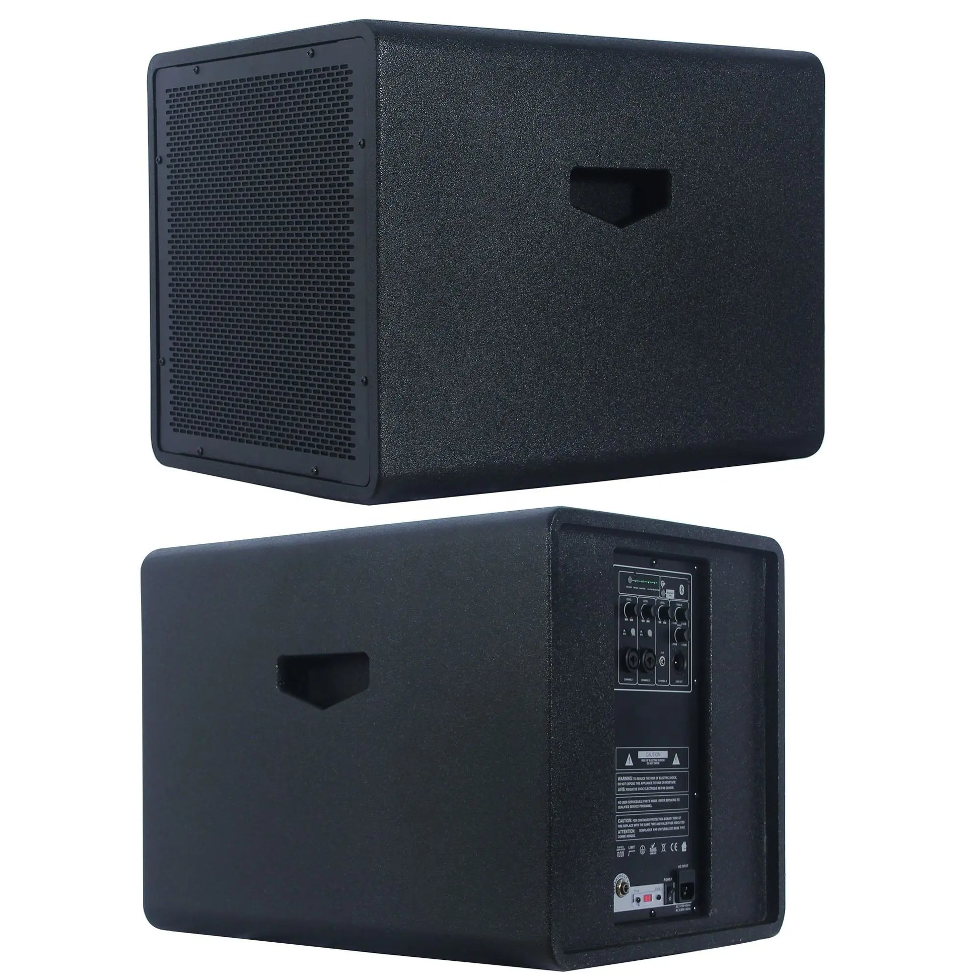 Two angled views of a black rectangular speaker cabinet, showing the front grille and the back panel with connection ports, volume knobs, and a carrying handle.