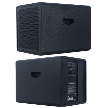 Two angled views of a black rectangular speaker cabinet, showing the front grille and the back panel with connection ports, volume knobs, and a carrying handle.